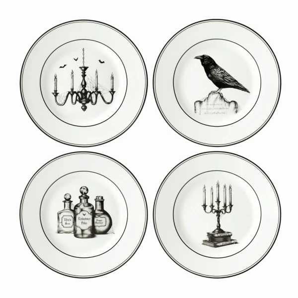 Vintage Halloween 4-Piece Dessert Plate Set, Porcelain, Dishwasher & Microwave Safe