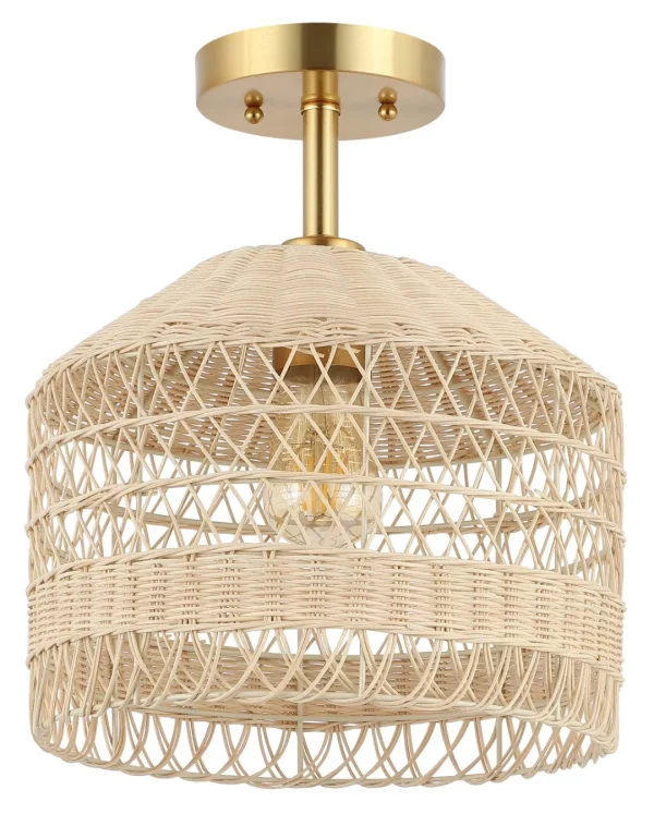 Noyuna, 12 Inch Light Natural & Gold Rattan Flush Mount – Artisanal Ceiling Light for Any Room