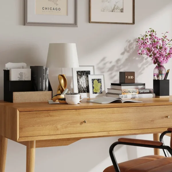 3-Piece Rustic Wood and Metal Organizer Set for Desktop, Vanity, Countertop