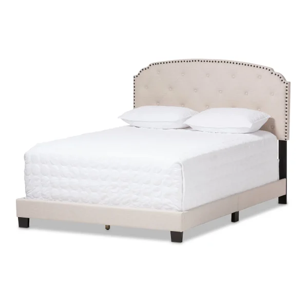 Lexi Light Beige Fabric Upholstered Full Size Bed with Curved Headboard & Stylish Nail Head Trim