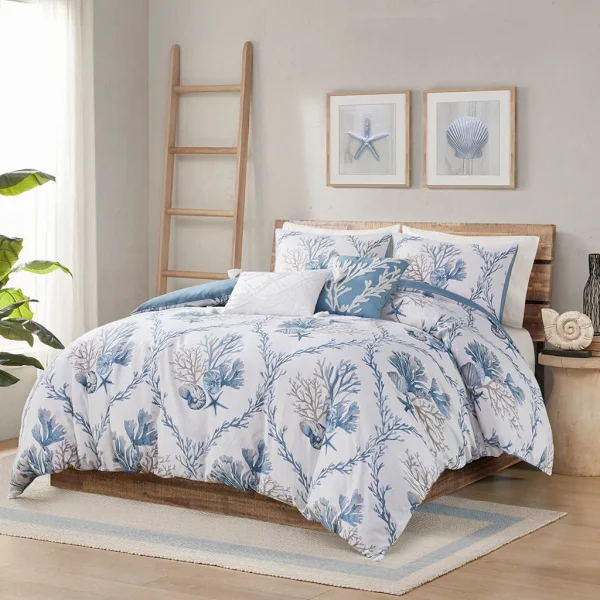 Pismo Beach Coastal 5 Piece Cotton Duvet Set - Enchanting Seashells & Decorative Pillows Included