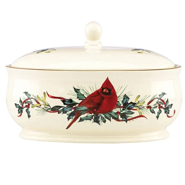 Winter Greetings Festive Ceramic Covered Dish with 24K Gold Accents, 64 oz.