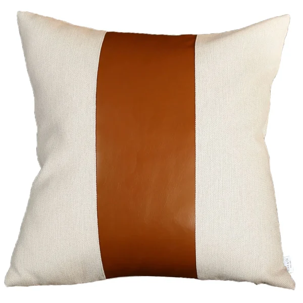 Set of Four 20 x 20 Stylish Brown & Ivory Faux Leather Pillow Covers for Chic Home Decor