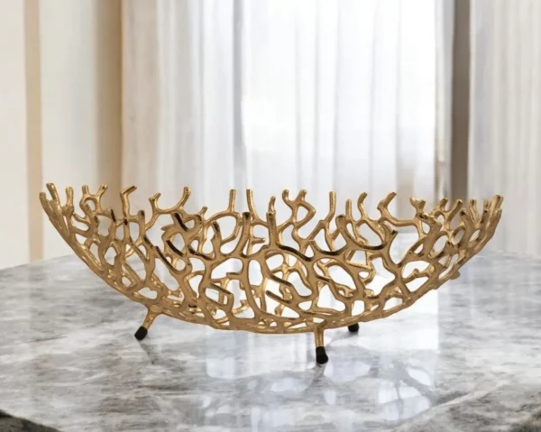 22 Gold Aluminum Oval Centerpiece Bowl - Coastal-Inspired Faux Coral Design for Elegant Decor