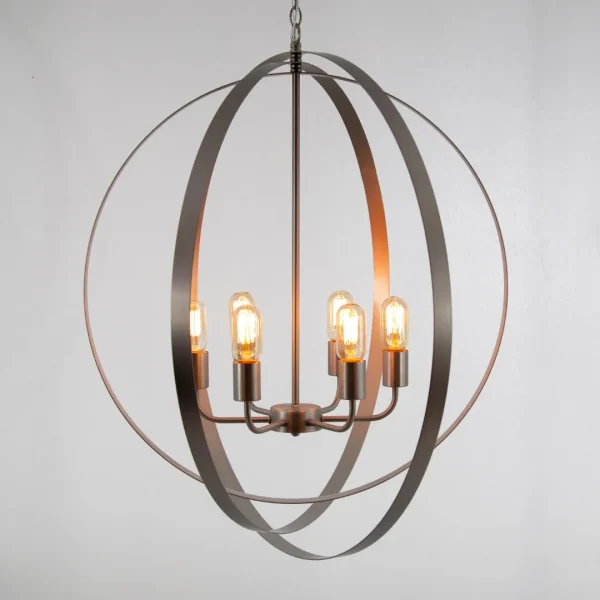 Spherical 6-Light Orb Chandelier in Satin Nickel – Modern Adjustable Height Fixture for Elegance