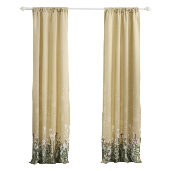 84 Inch Window Curtains, Beige Microfiber Fabric, Wildflower Print Design