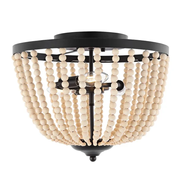 Hamlin Flush Mount Ceiling Light - Chic Natural Wood Bead Shade with Painted Bronze Accents