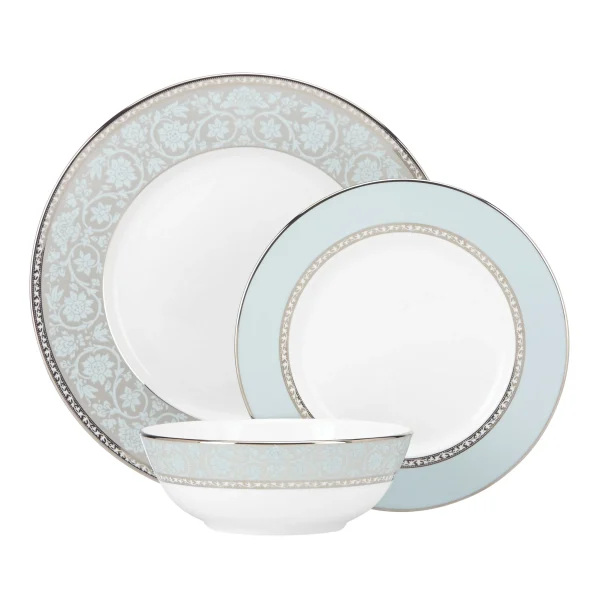 Westmore 3-Piece Place Setting with Platinum Trim, Blue Lace Pattern, Durable Bone China