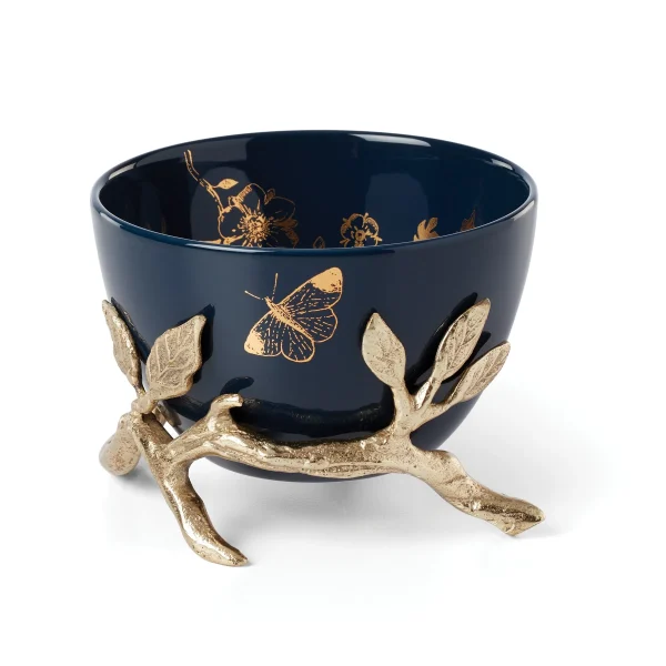 Sprig & Vine Floral Porcelain Bowl with Gleaming Branch Design, Navy - 12 oz