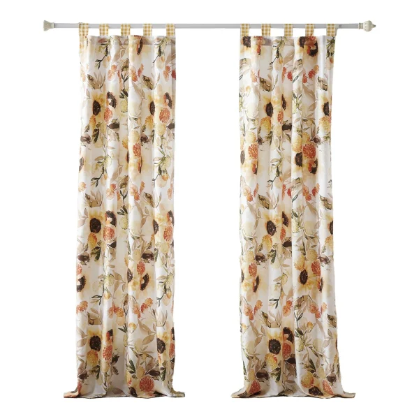 Kelsa Set of 2 Panel Curtains with Watercolor Sunflowers, Ruffled, Gold