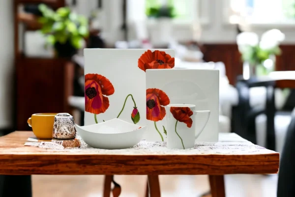 Red Floral Bone China Dinnerware Set – 4-Piece Square Design, Dishwasher & Microwave Safe, Elegant!