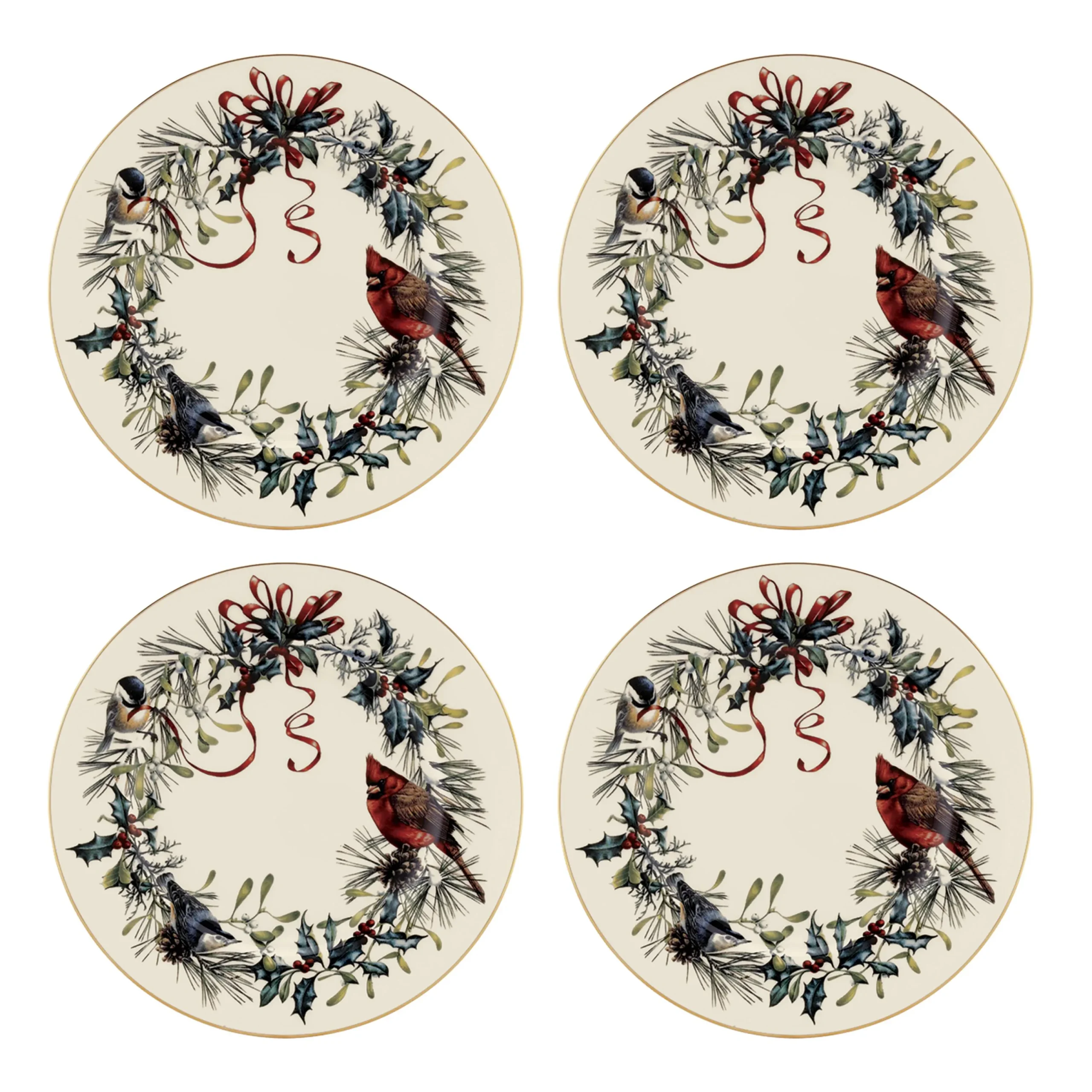 8xWinter-Greetings-Porcelain-Salad-Plates-Set-of-4-24K-Gold-Accents-Holiday-Design