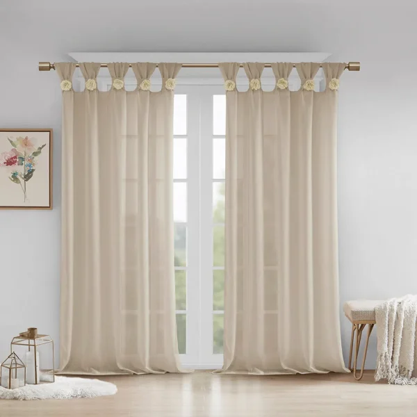 Rosette Shabby Chic Floral Tab Top Window Panel – Elegant Semi-Sheer Curtain for Your Home Decor
