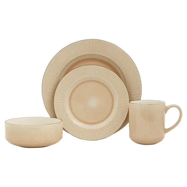 Sand Sixteen-Piece Round Striped Ceramic Dinnerware Set for Four - Stylish, Stackable, Dishwasher Safe