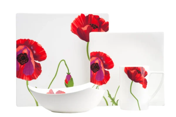 Red Square Floral Bone China Dinner Plate Set for Six – Elegant, Durable, Dishwasher Safe & Stylish