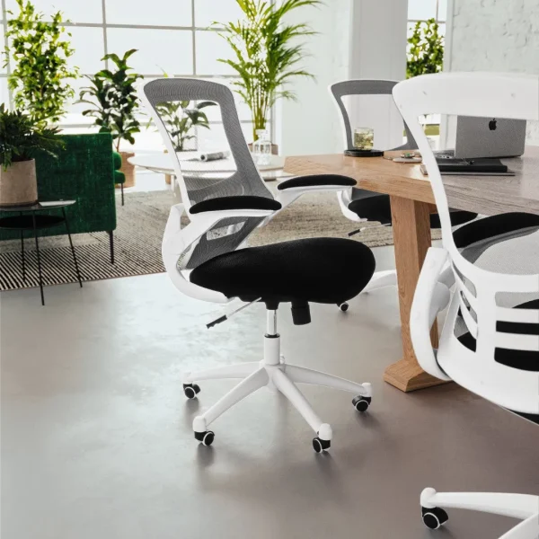 Mesh Swivel Office Chair with Flip-Up Arms, White Frame & Ergonomic Design | Mid-Back Commercial Grade