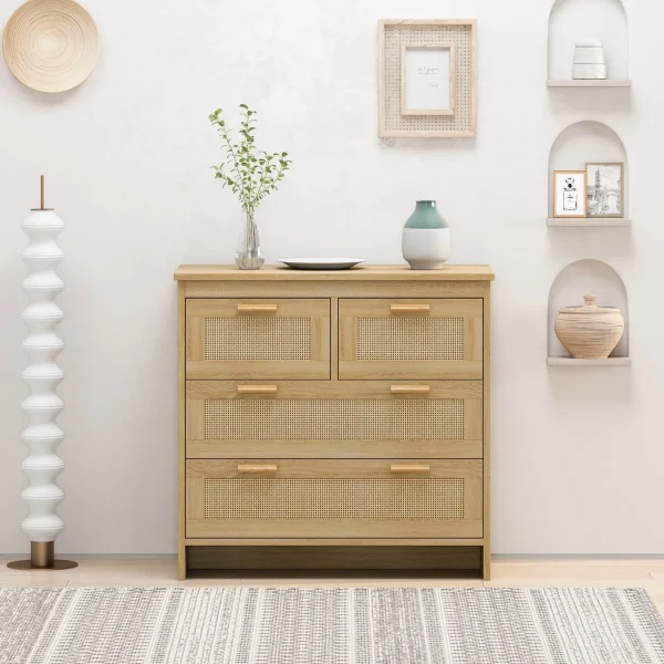 4 Drawers Rattan Cabinet - Stylish Storage Solution For Bedroom, Living Room & Hallways, Easy Setup