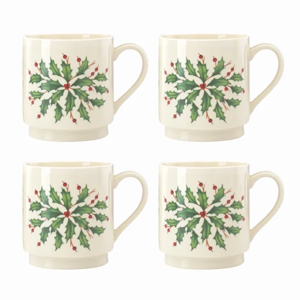 Hosting the Holidays Elegant 4-Piece Holly-Decorated Stackable Mug Set, Dishwasher Safe