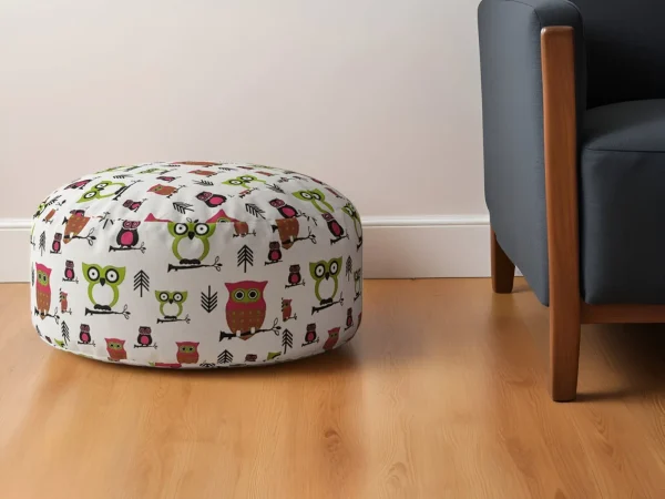 24 Stylish Green and White Cotton Round Owl Pouf Ottoman - Chic, Comfortable, and Multi-Functional