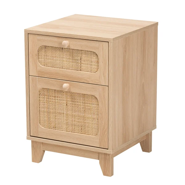 Elsbeth Mid-Century Modern Light Brown End Table with Rattan Drawer and Stylish Tapered Legs