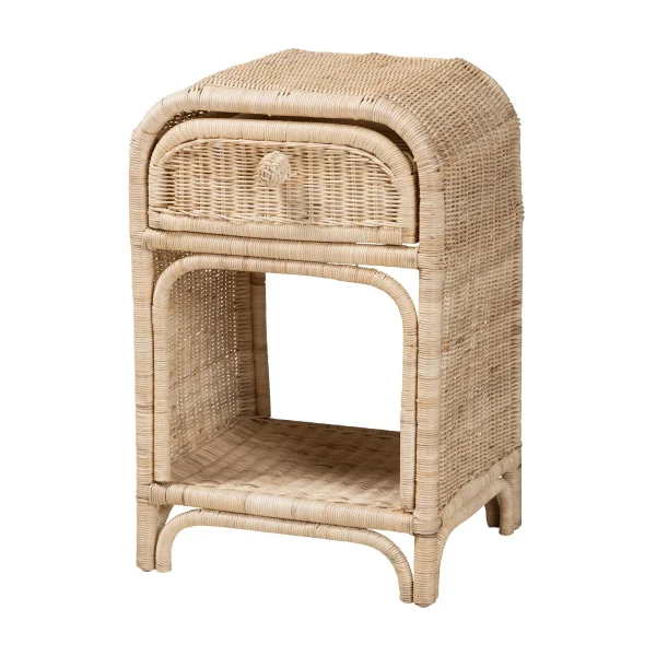 Magni Bohemian Nightstand: Natural Rattan 1-Drawer with Open Shelf, Fully Assembled Rustic Charm