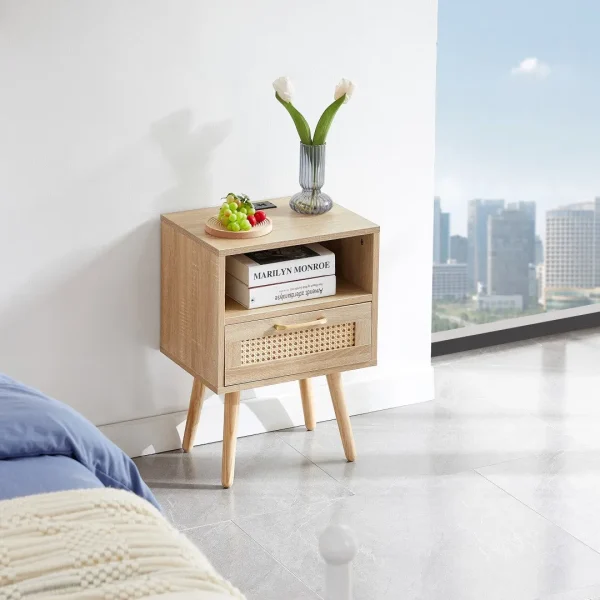 Rattan End Table with Drawer, Power Outlet, USB Ports - 15.75
