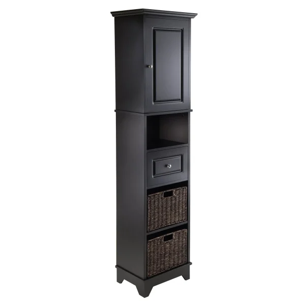 Wyatt 3-Piece Elegant Storage Cabinet with 2 Foldable Baskets - Stylish Black & Chocolate Finish