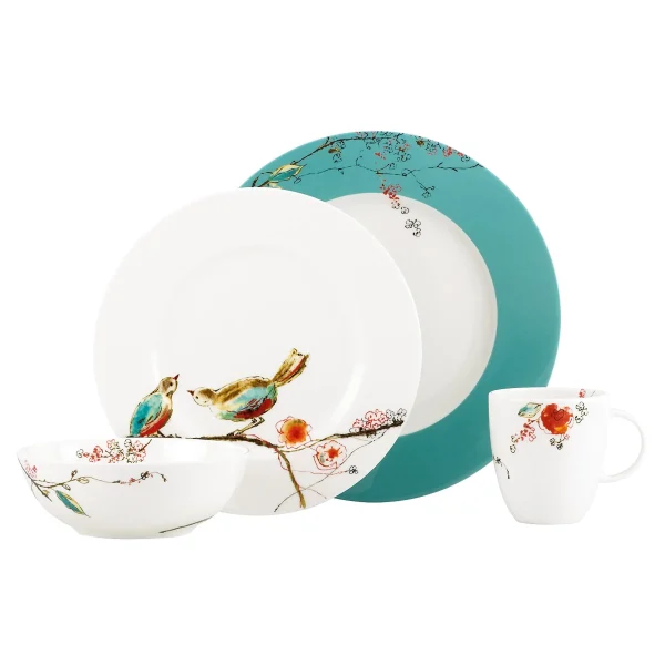 Chirp Enchanted Garden 4-Piece Porcelain Dinnerware Set, Microwave & Dishwasher Safe