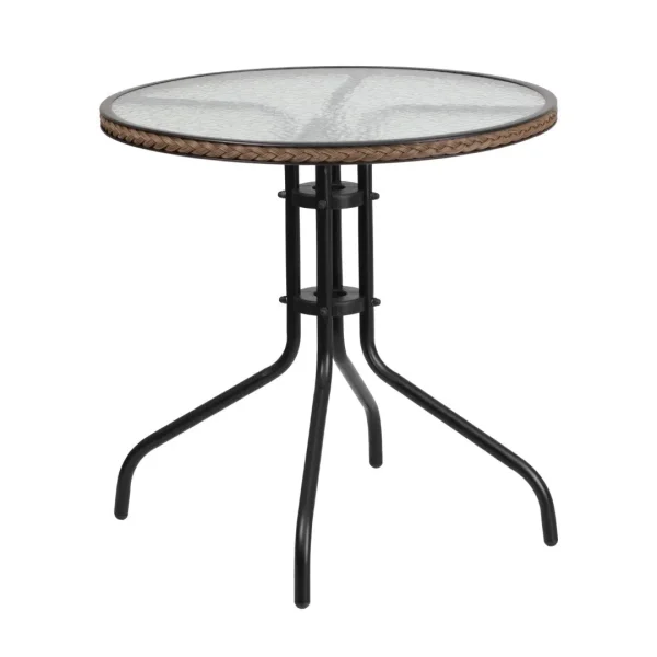 28'' Round Tempered Glass Table with Dark Rattan Edging - Commercial Grade