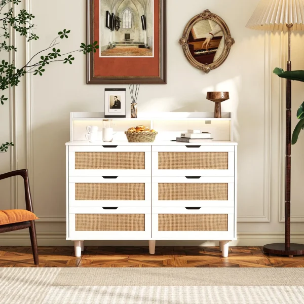 43.316-Drawers Rattan Storage Cabinet with Led Lights & Power Outlet For Modern Living Spaces