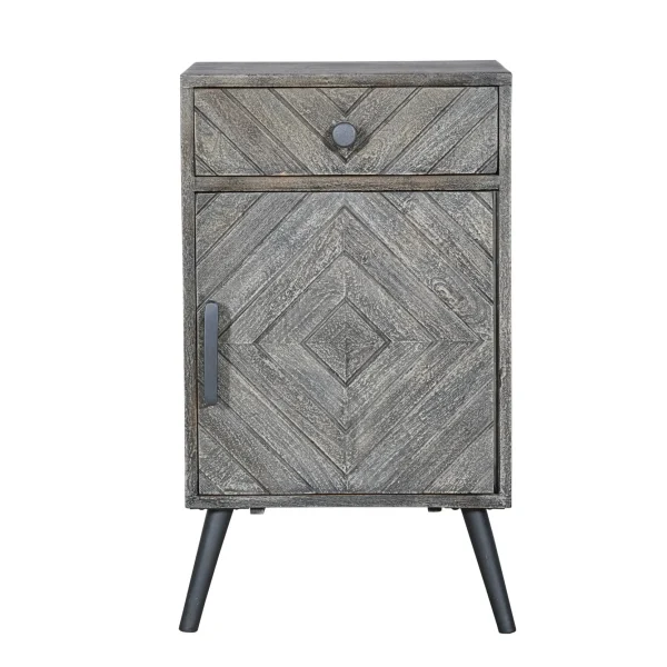 Shon 26 Inch Chevron Pattern Wood Bedside Nightstand, 1 Cabinet Door, 1 Drawer, Distressed Gray