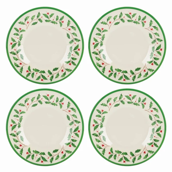 Holiday Festive Holly Melamine 4-Piece Plate Set, Dishwasher Safe, BPA-Free