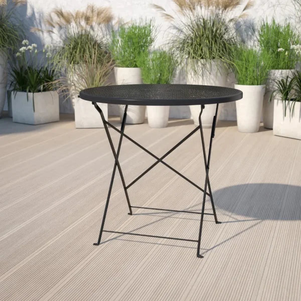 30 Round Folding Steel Patio Table - Commercial Grade, Indoor/Outdoor, Black Frame