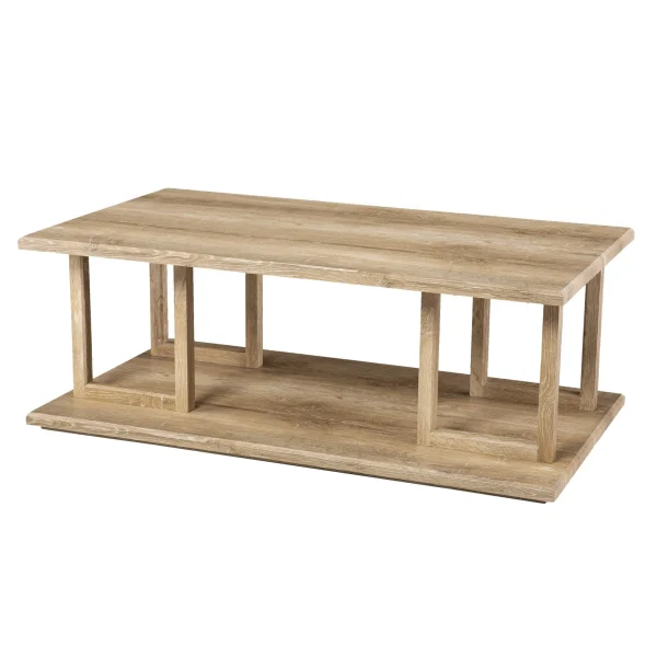 42 Natural Wood Coffee Table - Stylish Two-Tier Design with Geometric Details for Modern Spaces