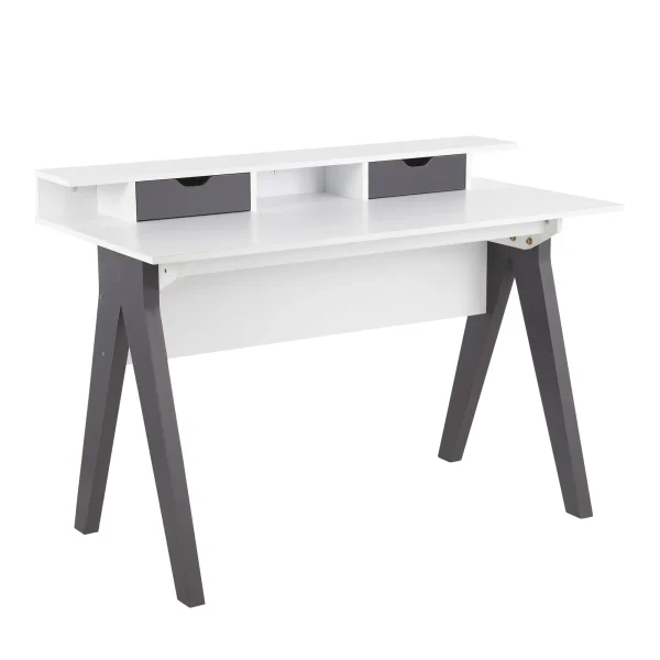 Wishbone Desk - Contemporary White Wood Design with Grey Accents, Drawers & Stylish Shelf Storage