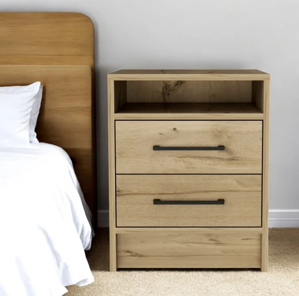 20 Stylish Oak Nightstand with 2 Drawers & Shelf – Perfect for Bedroom or Living Room Storage!
