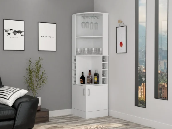Syrah Corner Bar Cabinet - Elegant White Design with 8 Bottle Cubbies & 12 Wine Glass Rack!