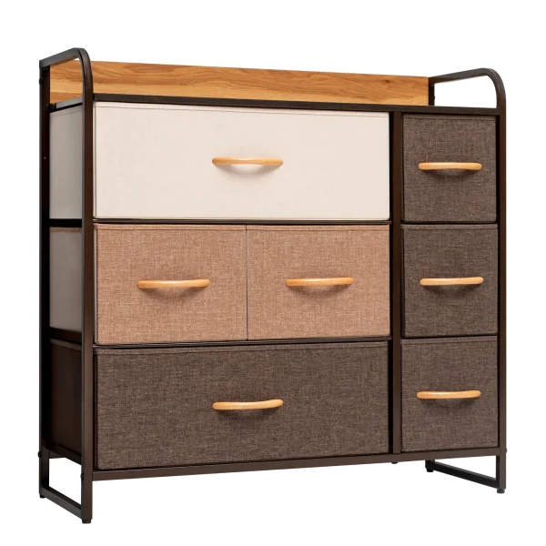 32 Brown Steel and Fabric Dresser with 7 Easy Open Drawers - Stylish, Functional Storage Solution