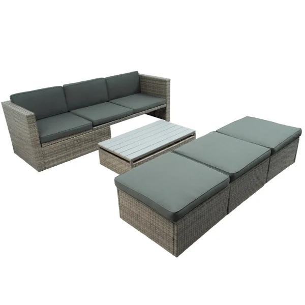 5-Piece Patio Wicker Sofa Set with Adjustable Backrest, Cushions, Ottomans & Table