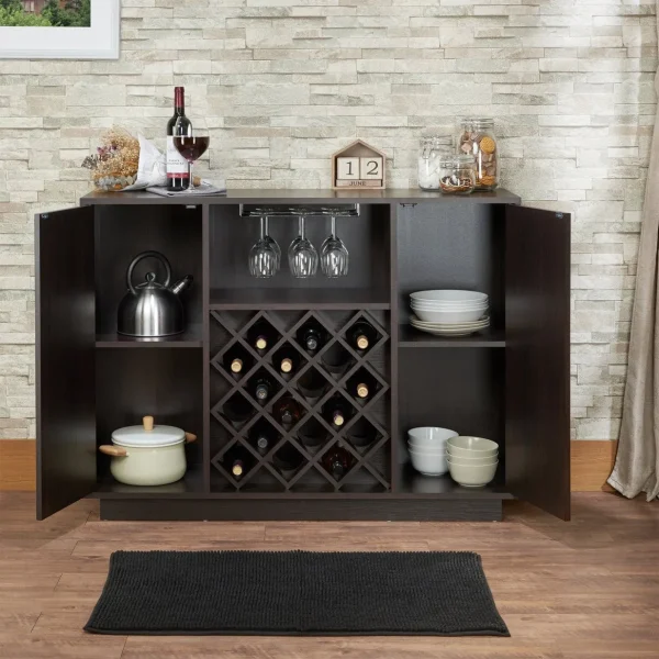Hazen Espresso Finish Wine Cabinet with Rack For 18 Bottles, Stylish Storage & Stemware Holder