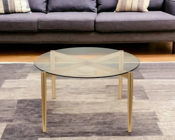 36 Clear and Gold Glass Round Coffee Table – Stylish Steel Base for a Modern Living Room Accent