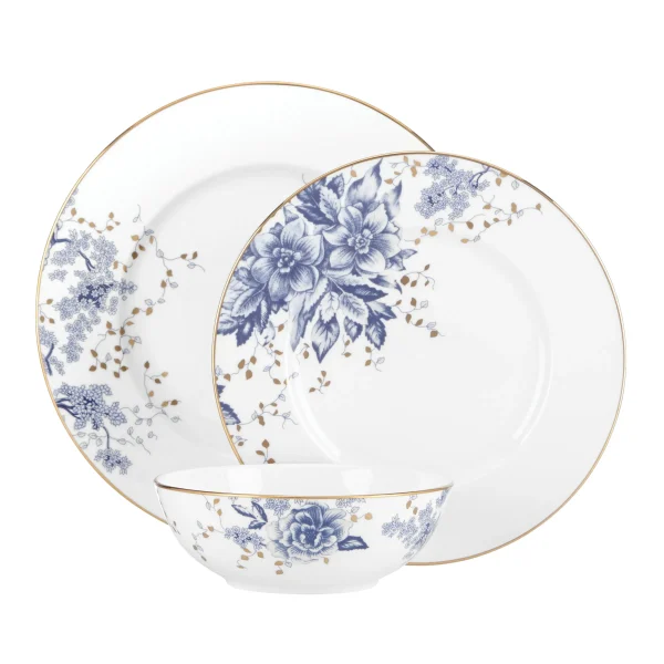 Garden Grove 3-Piece Dining Set: Navy Floral, 24K Gold Trim, Bone China