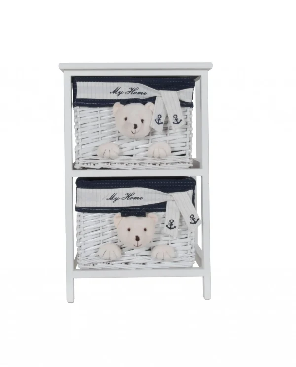 12.5 Sleek White and Blue Portable Two Drawer Storage Unit with Adorable Bear Design for Kids' Rooms