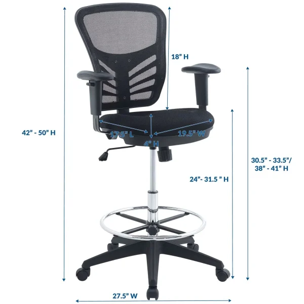Articulate Drafting Stool – Ergonomic Mesh Chair with Adjustable Height & Chrome Foot Ring for Comfort