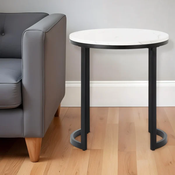 24 Stylish Black and White Faux Marble Round End Table with Sturdy Steel Base for Any Space