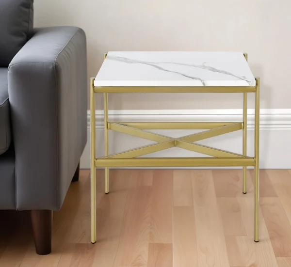 22 Gold and White Faux Marble & Steel End Table – Stylish Accent for Living Room or Entryway Decor