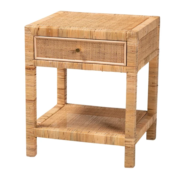 Adelia Modern Bohemian Nightstand with Natural Rattan and Mahogany Wood, 1-Drawer & Open Shelf