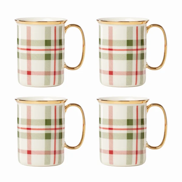Holiday Plaid Porcelain Mugs, Set of 4 with 24k Gold Accents, Dishwasher Safe