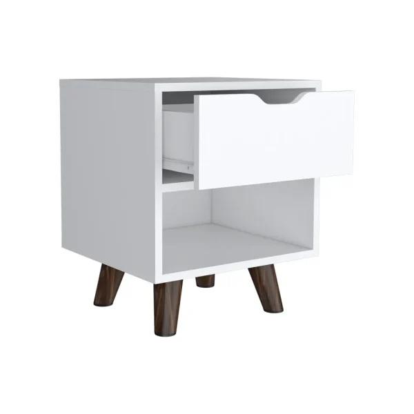 Carleen White Nightstand with Display Shelf & Drawer | Wooden Legs | Elegant Bedroom Furniture