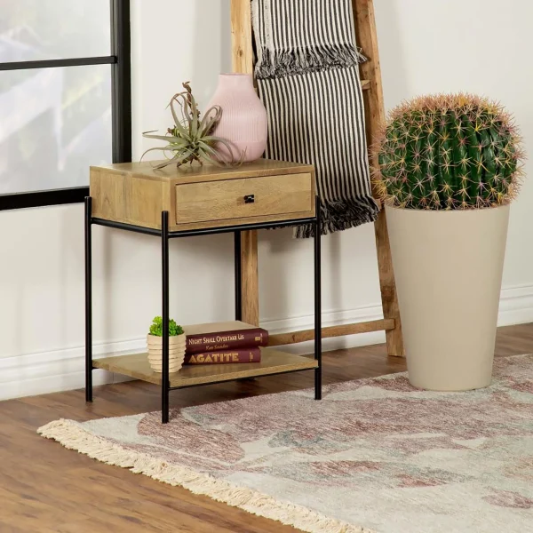 Natural Mango 1-Drawer Accent Table with Iron Base & Open Shelf For Stylish Storage Solutions